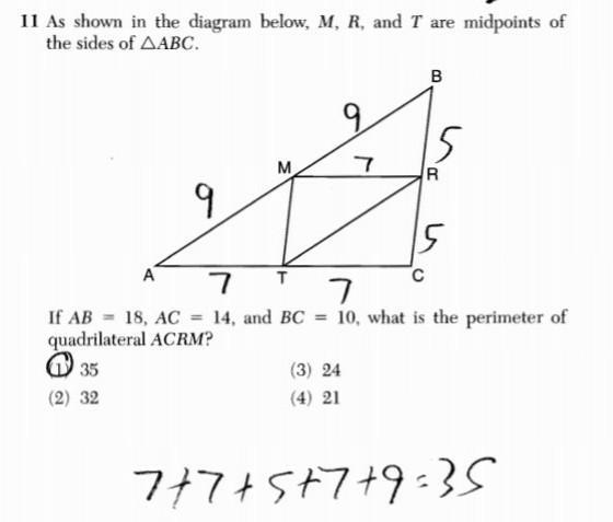 0 As shown in the diagram below, M, R, and T are midpoints of the sides of ABC. If-example-1