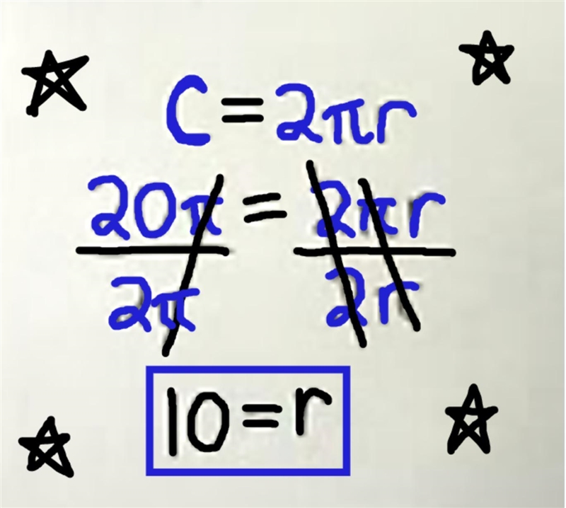 The circumference of a circle is 20 π.what is the radius of this circle-example-1