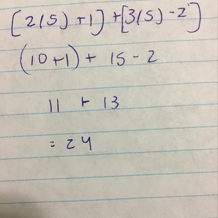 #20 Evaluate the expression below when x=5. (2x + 1) + (3x - 2)-example-1