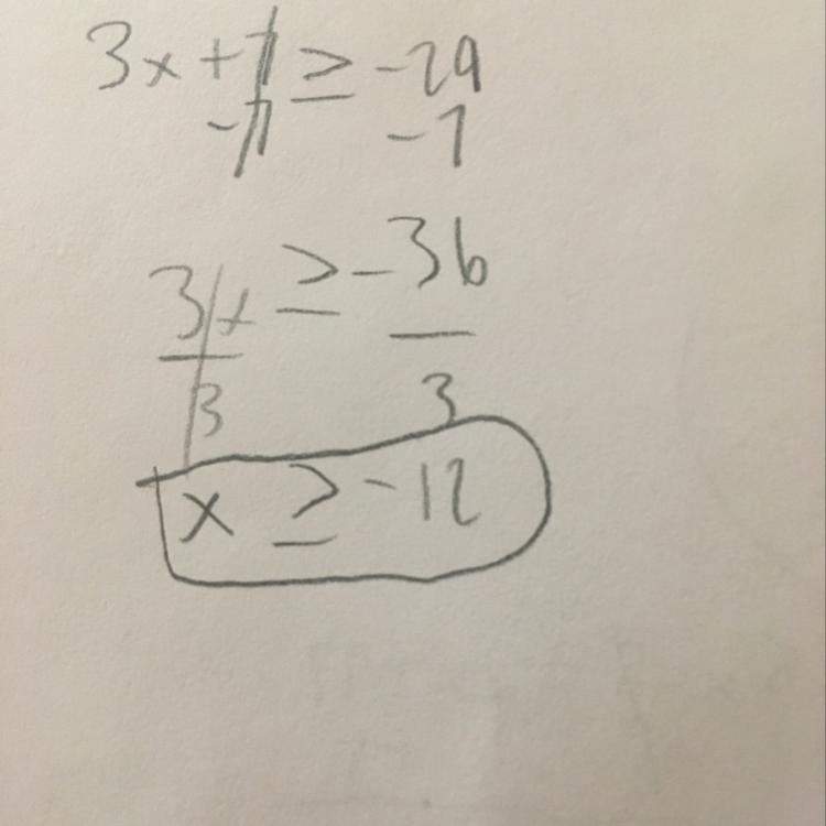 Find the solution for 3x + 7 ≥ -29.-example-1