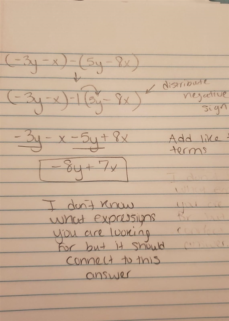 Which expression is equivalent to (–3y – x) – (5y – 8x)?-example-1