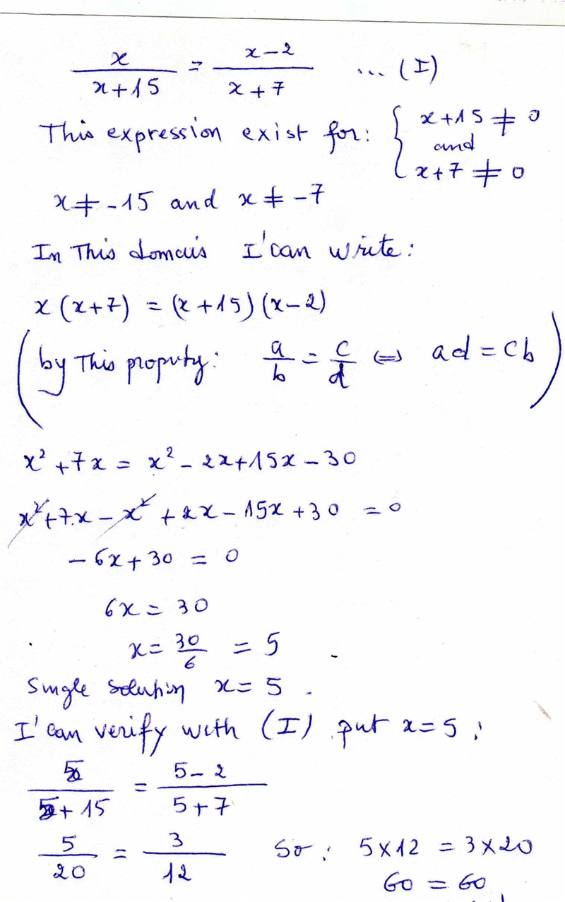 X÷(x+15)=x-2÷(x+7) How to solve for x?​-example-1