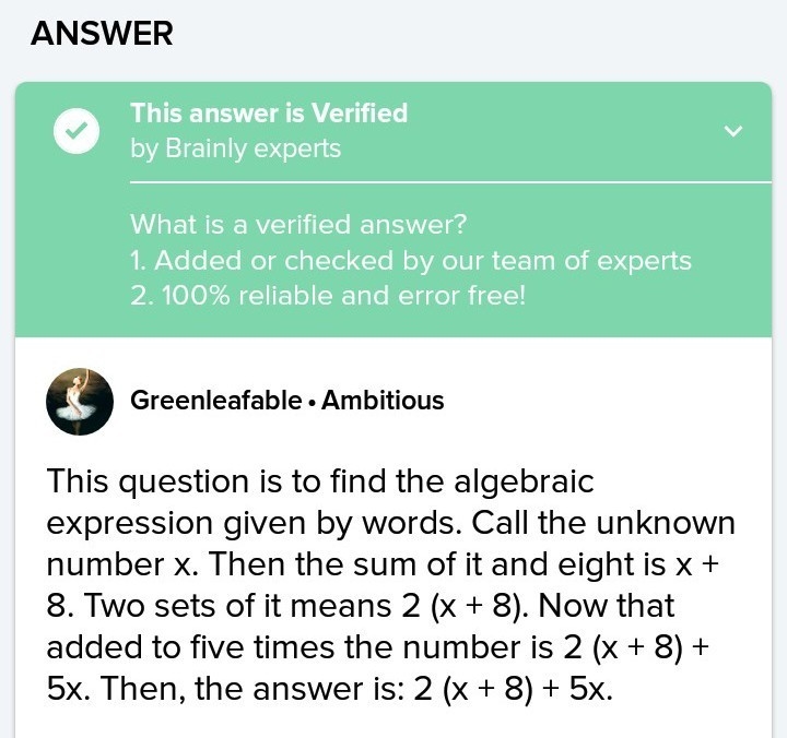 Two sets of the sum of a number and eight are added to five times the same number-example-1