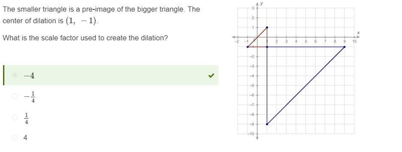 The smaller triangle is a pre-image of the bigger triangle. The center of dilation-example-1