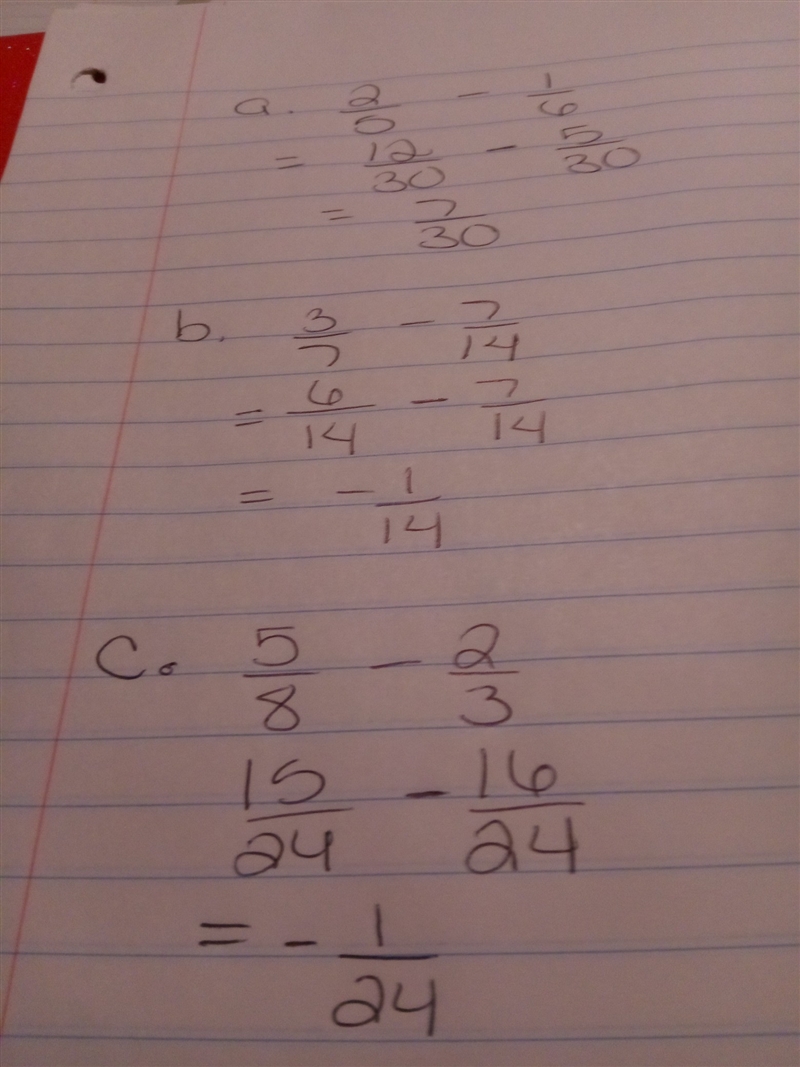 Simplify each of the following expressions. a. 2/5 - 1/6 b. 3/7 - 7/14 c. 5/8 - 2/3-example-1