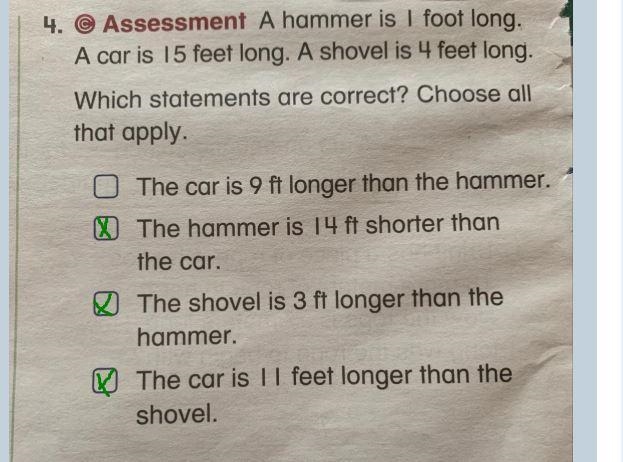 A hammer is 1 foot long a car is 15 feet long and shovel is 4 feet long which statement-example-1