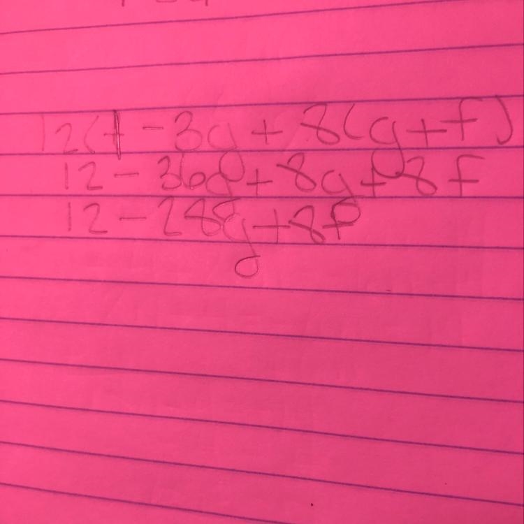 Write the expression in standard form by expanding and collecting like terms. 12(1 − 3g-example-1