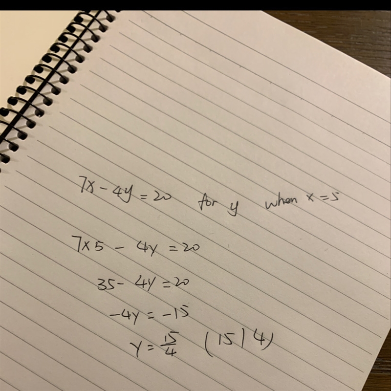 7x - 4y = 20 for y when x = 5-example-1