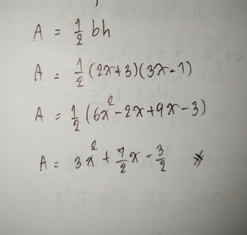 Find the area of a triangle with base 2x + 3 and height 3x - 1​-example-1