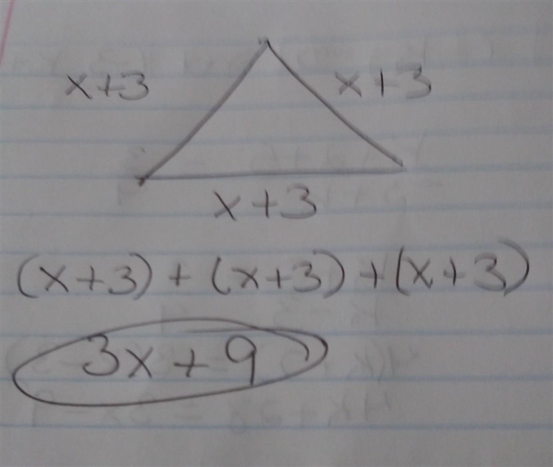 What is the perimeter of an equilateral triangle if each side is (x+3)?-example-1