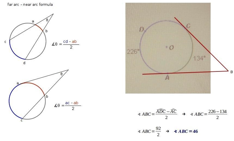 In diagram below, ab and bc are tangent to o. what is the measure of abc. A. 46 B-example-1