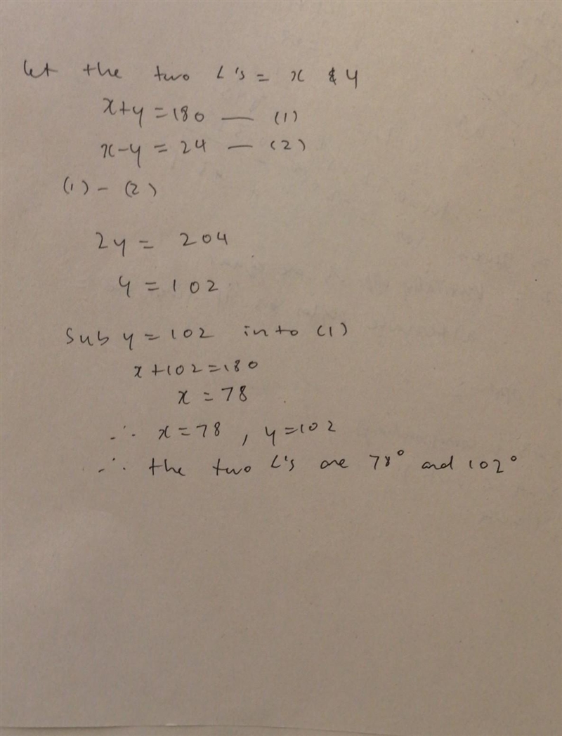 Find the measure of two supplementary angles if the diffrence in measure of the two-example-1