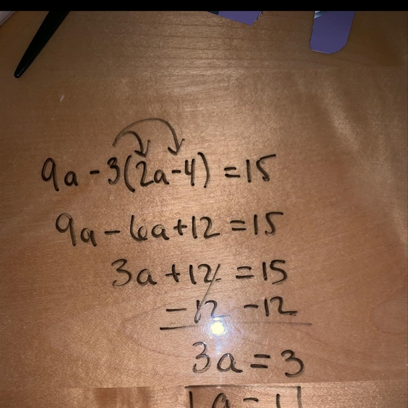 What is the answer to 9a-3(2a-4)=15-example-1