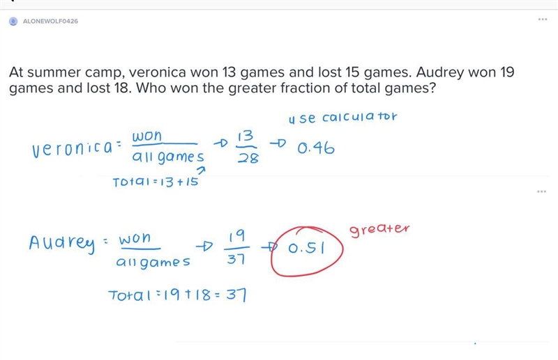 At summer camp, veronica won 13 games and lost 15 games. Audrey won 19 games and lost-example-1