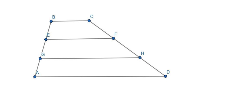 Two lines, parallel to the bases of a trapezoid divide each leg into three congruent-example-1