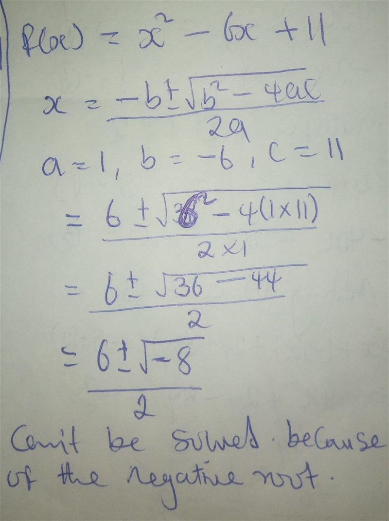 F(x)=x^2-6x+11 state the quadratic formula-example-1