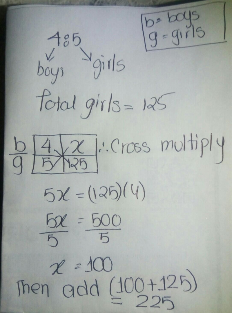 The ratio of boys to girls is 4:5. if there are 125 girls, what is the total number-example-1