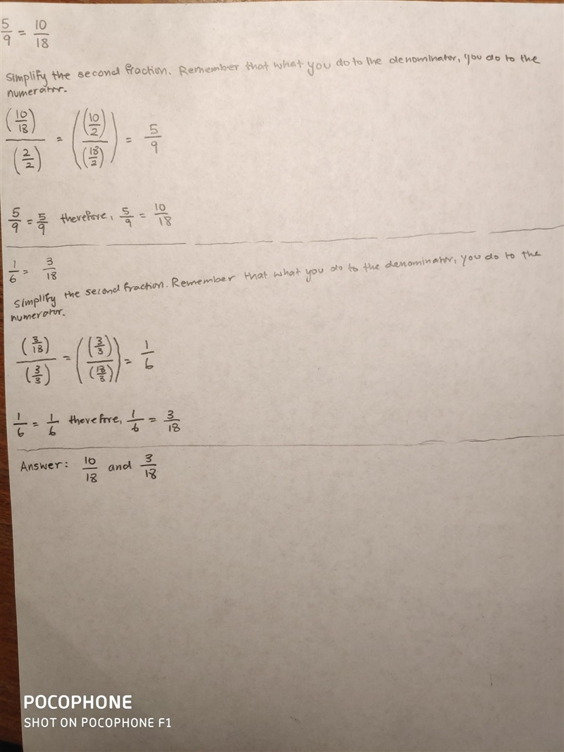 Which pair of fractions is equivalent to this pair? 5/9 and 1/6: 10/18 and 4/18 10/18 and-example-1