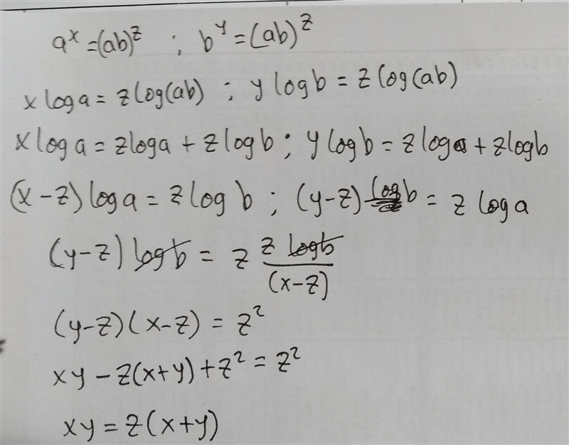 If a^x=b^y=(ab)^z Prove that xy=z(x+y)-example-1