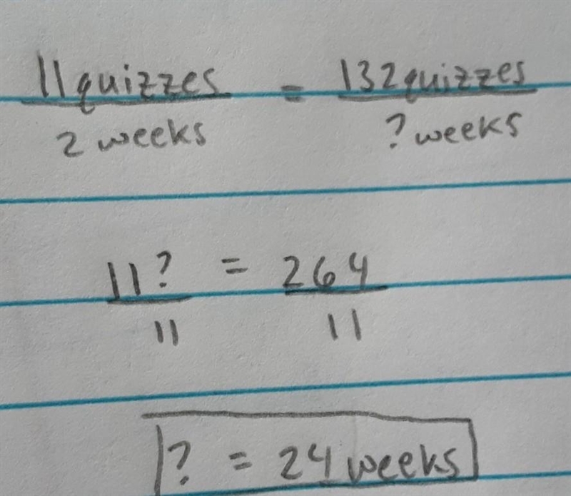 Kenny took a total of 11 quizzes over the course of 2 weeks. How many weeks of school-example-1