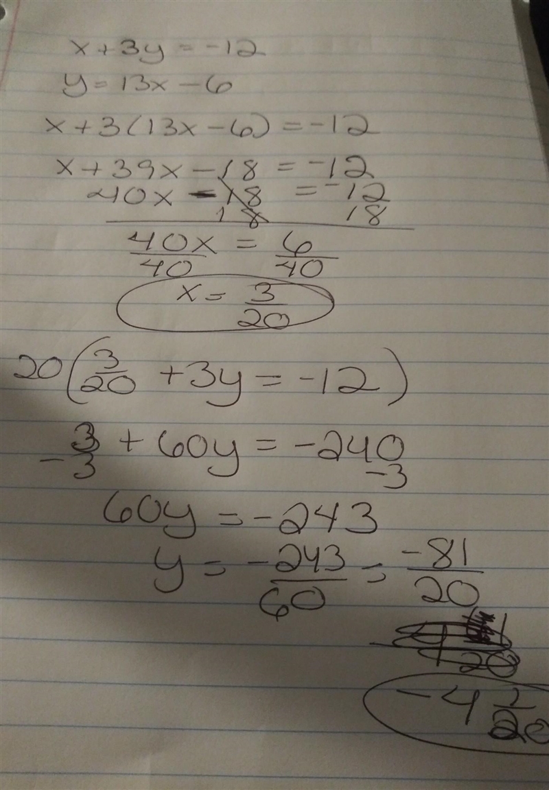 Which ordered pair is the solution to the system of equations? {x+3y=−12 y=13x−6-example-1