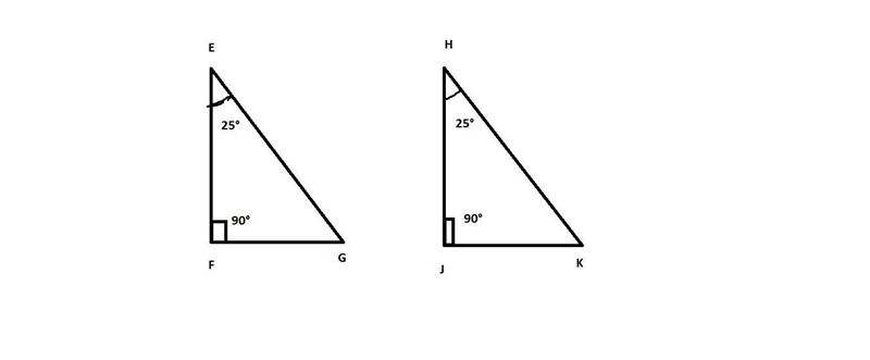 In right triangle A EFG m2 E= 25°. In right triangle A HJK, MZ H=25º. Which similarity-example-1