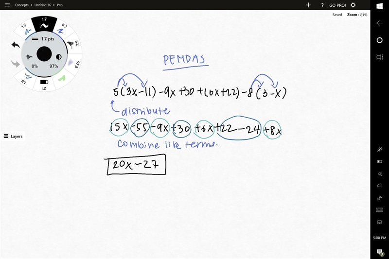 5(3x - 11) - 9x +30 +(6x + 22) - 8(3 - x) simplify​-example-1