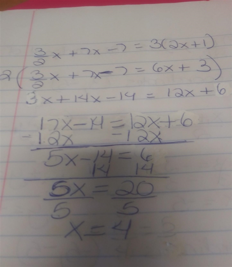 3/2x+7x-7=3(2x+1) how do you solve-example-1