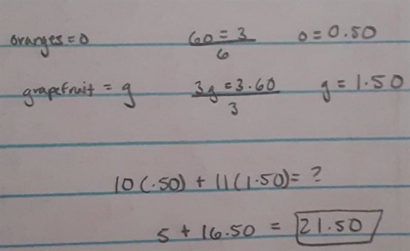 A fruit stand sells 6 oranges for $3.00 and 3 grapefruit for 3.60. Kenny buys 10 oranges-example-1