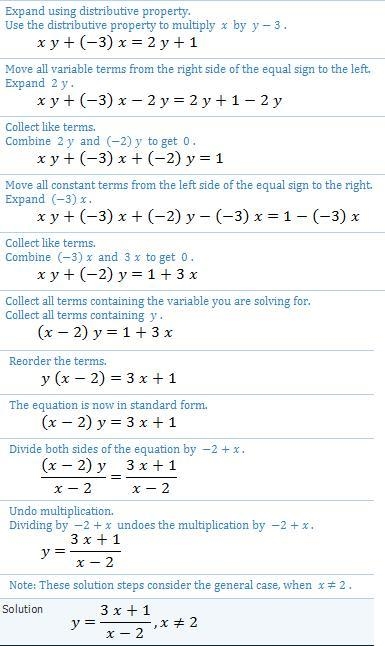 Solve for y: x(y-3)=2y+1-example-1