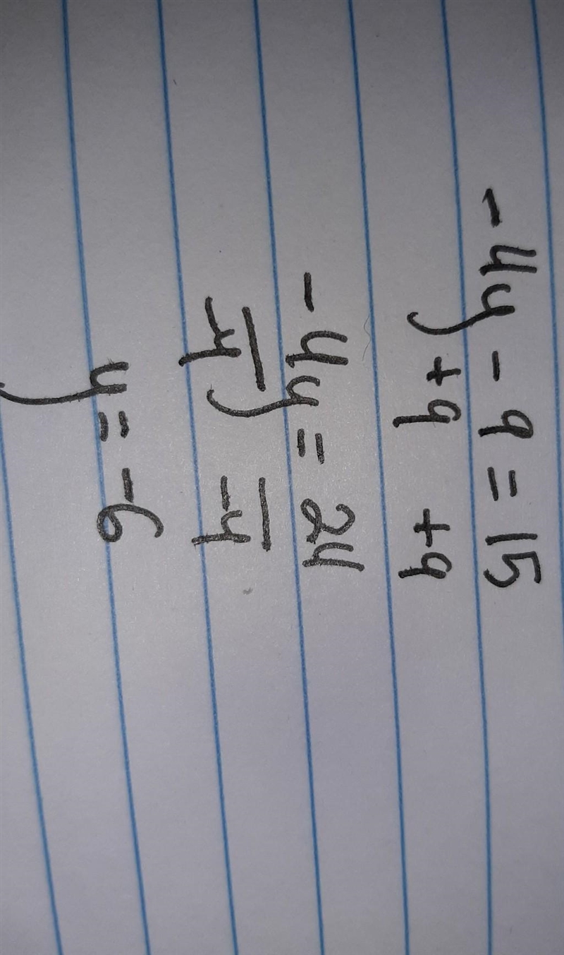 What is -4y - 9 = 15​-example-1