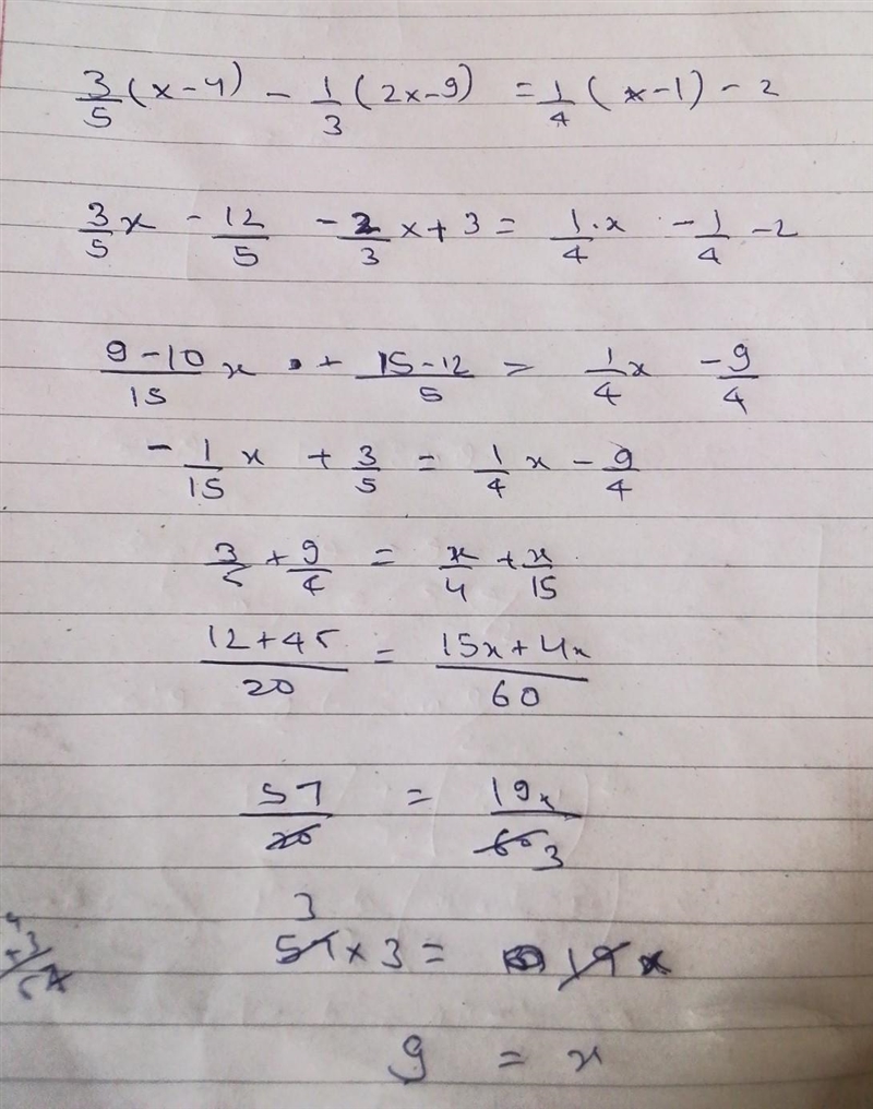 3/5(x-4)-1/3(2x-9)=1/4(x-1)-2​-example-1