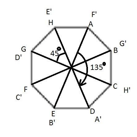 The regular octagon ABCDEFGH rotates 135º clockwise about its center to form octagon-example-1