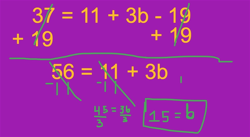 How to do the equation 37=11+3b-19​-example-1