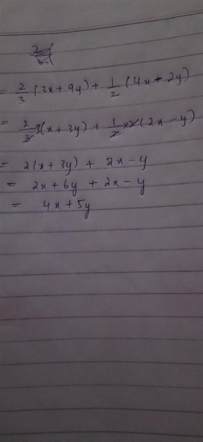 Which expression is equivalent to 2/3(3x + 9y) + 1/2(4x - 2y)? A) x + 4y B ) 8x - y-example-1