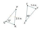 . Triangles Q R P and X Y Z are congruent. Angle P Q R is 72 degrees. The lengths-example-1