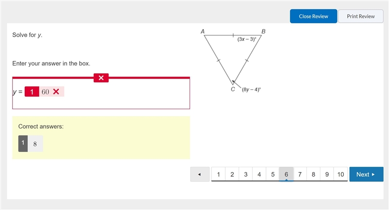 Solve for y. Enter your answer in the box. y = An equilateral triangle A B C. Side-example-1