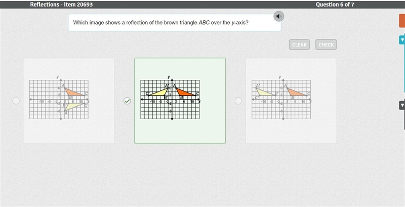 Which image shows a reflection of the brown triangle ABC over the y-axis?-example-1