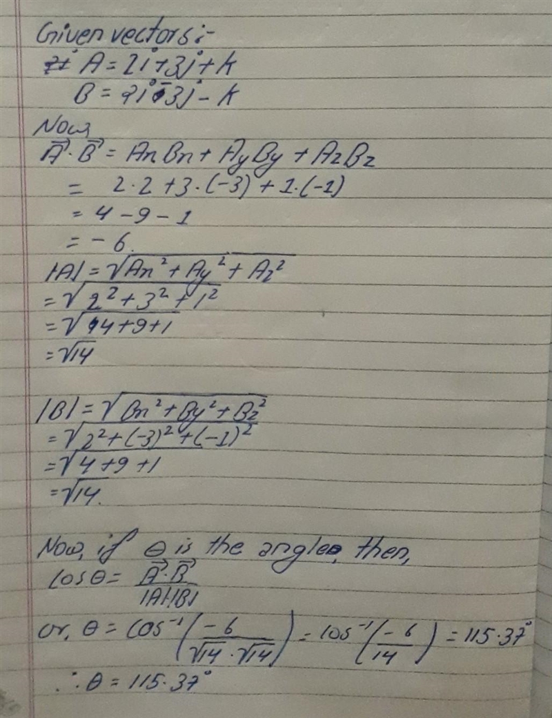 The angle between the vectors 2î+ 3j + k and 2i - 3j - k is a)π/4 b)π/3 c)π/2 d) None-example-1