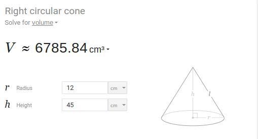 A cone shaped vase has a radius of 12 cm and a height of 45 cm. What is the exact-example-1