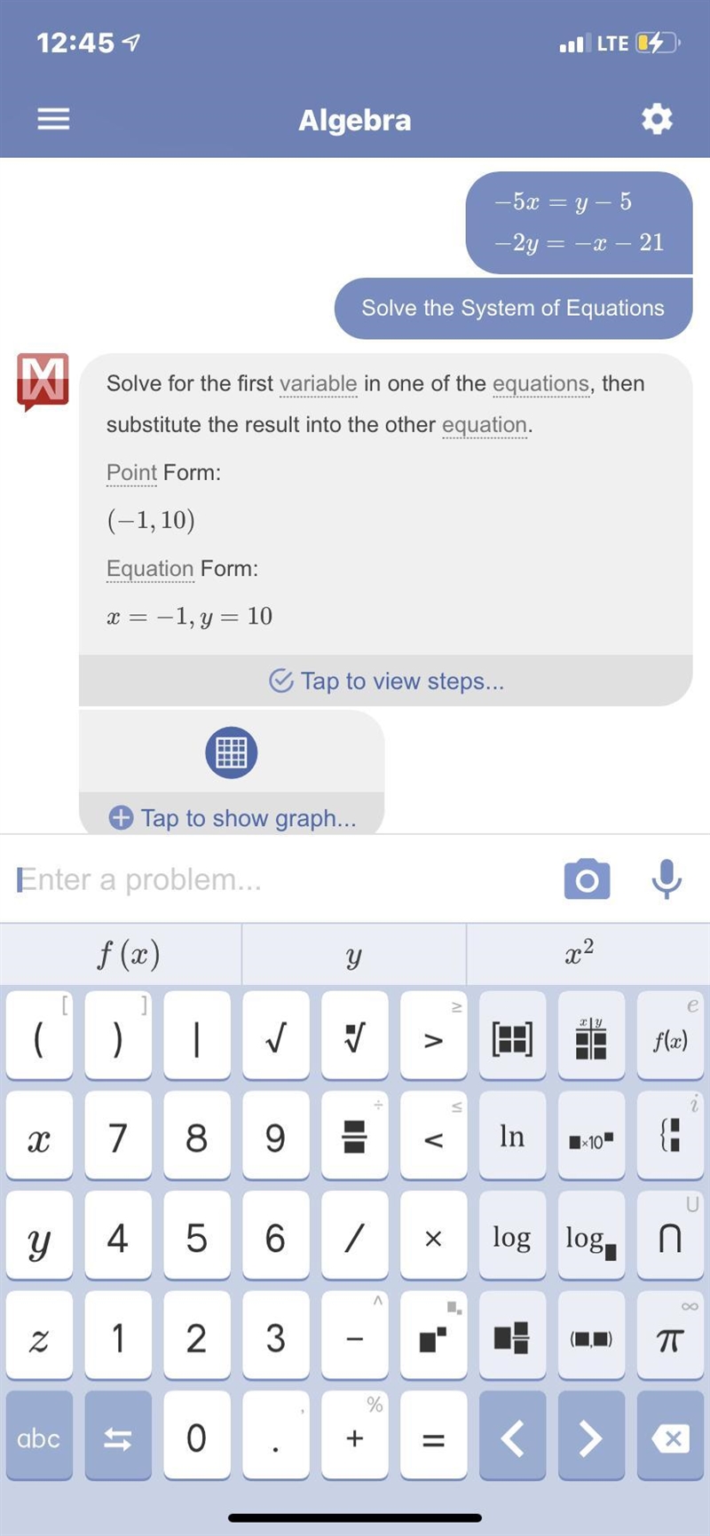 Solve the system of equations given below. -5x = y – 5 -2y = -x-21-example-1