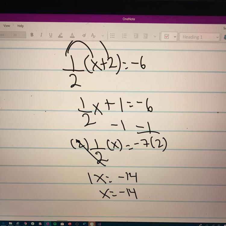 What is 1/2(x+2)= -6-example-1