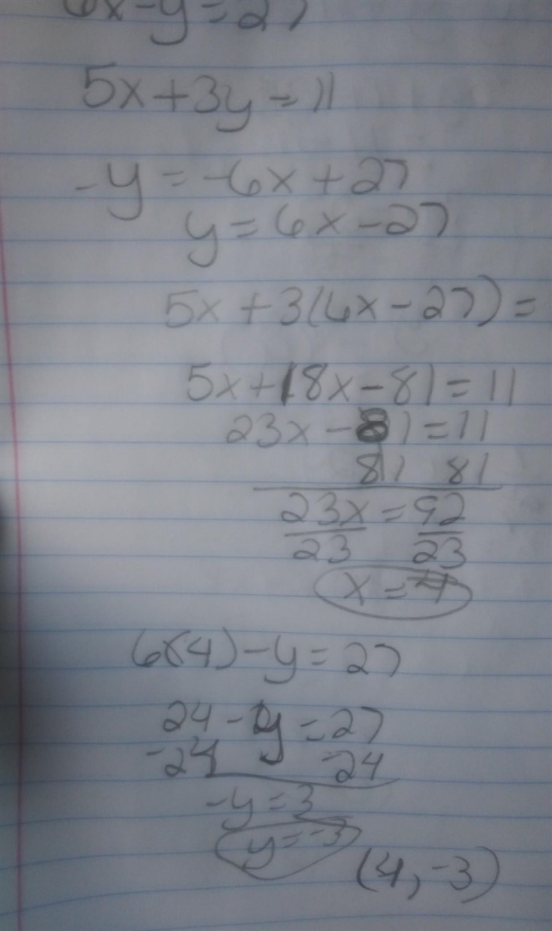 Solve the system of equations by the substitution method. 6x - y = 27 5x + 3y = 11-example-1