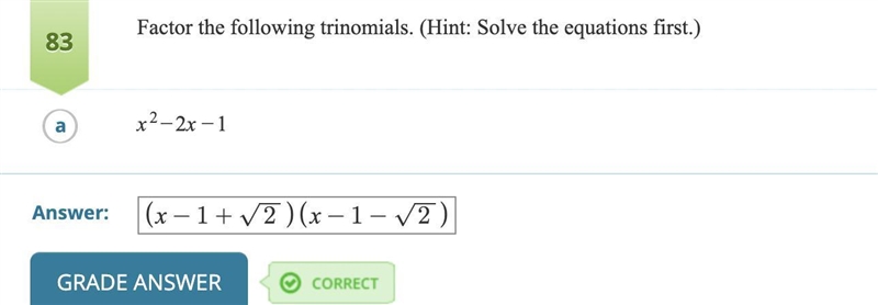 Factor the following trinomial. (Hint: Solve the equations first.) x²-2x-2-example-1