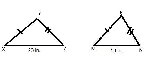 In the triangles, XY = MP and YZ = PN. Triangles Y X Z and P M N are shown. The length-example-1