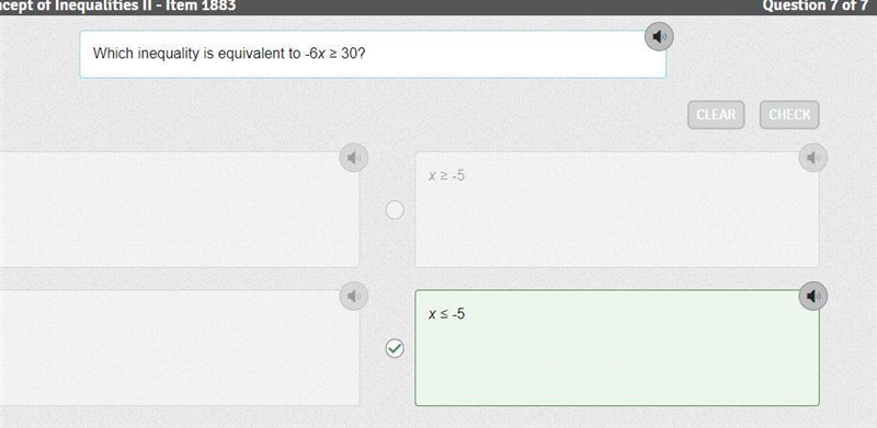 Which inequality is equivalent to -6x ≥ 30?-example-1