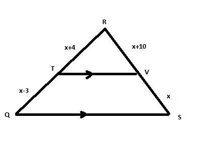 Triangle R Q S is cut by line segment T V. Line segment T V goes from side Q R to-example-1