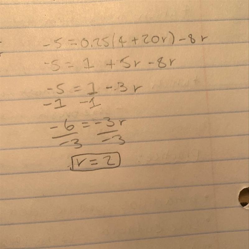 7: -5 = 0.25(4 + 20r) - 8r​-example-1