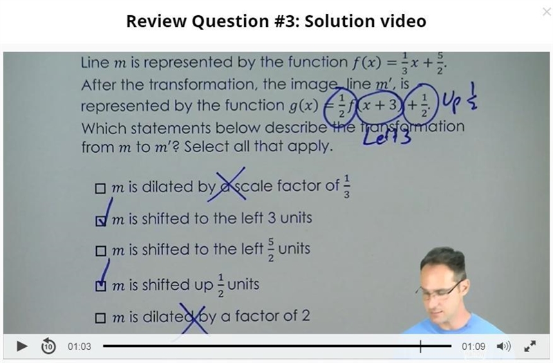 Line m is represented by the function f(x)= 1/3x + 5/2. After transformation, the-example-1