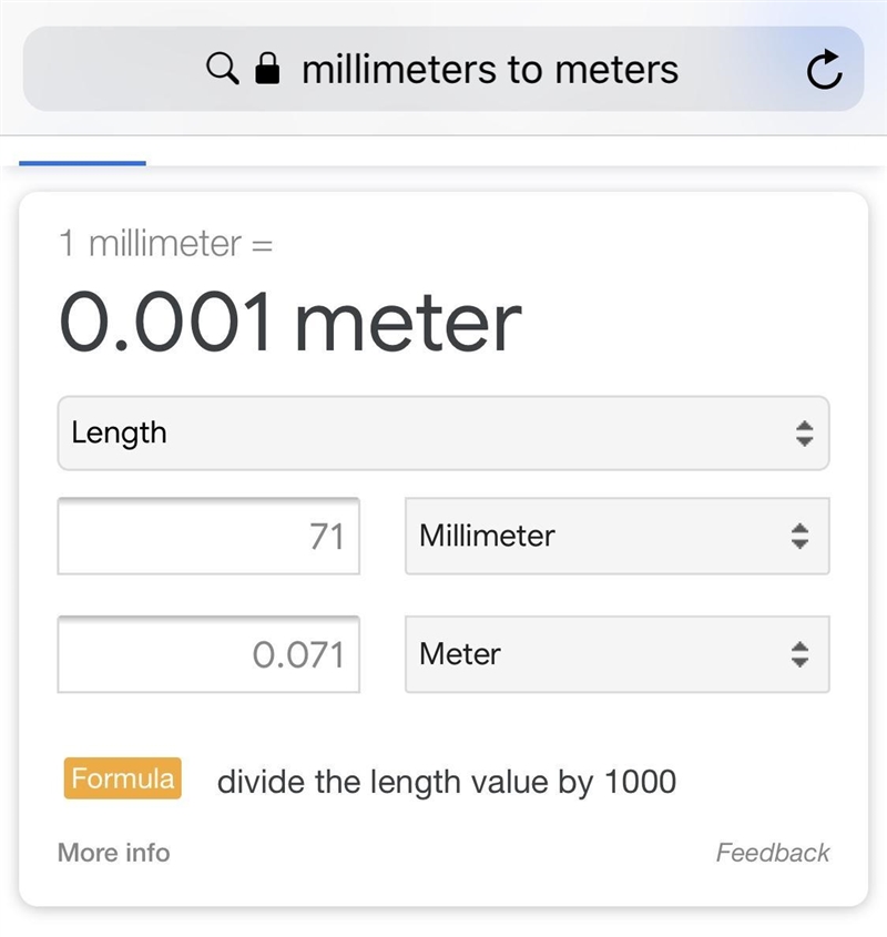 The stamp is 71 millimeters wide. How many meters wide is the stamp? a 0.071 m b 0.71 m-example-1